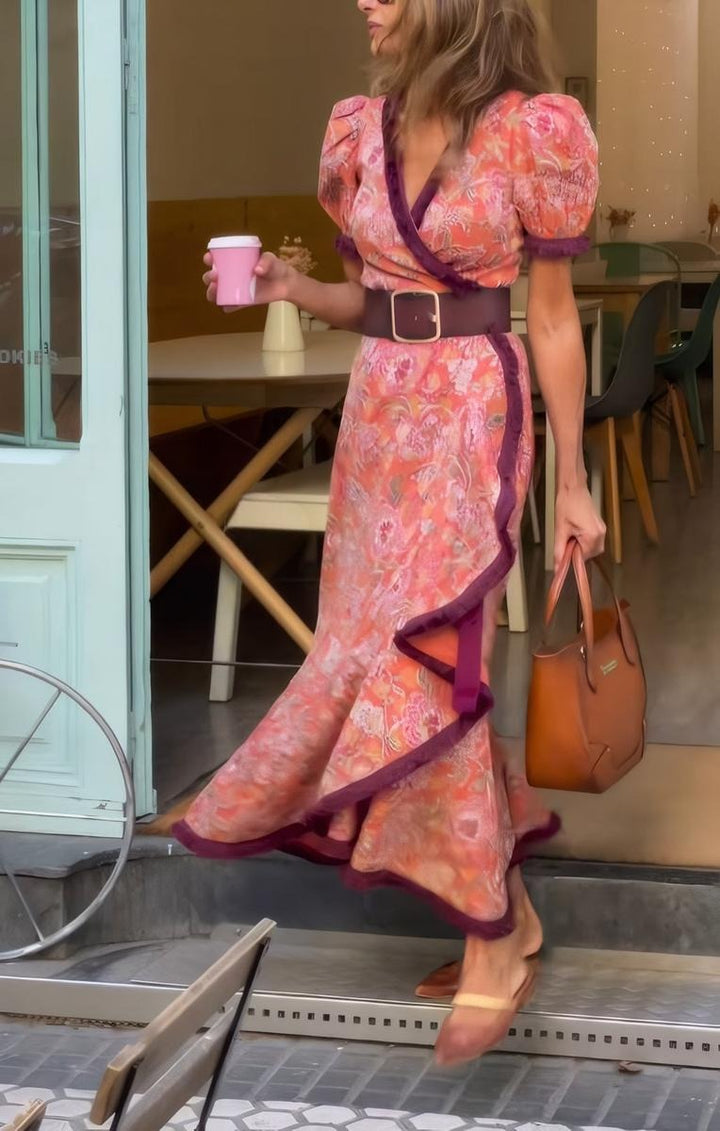 Eliett - Vestido Largo con Mangas Cortas Abullonadas y Falda Asimétrica