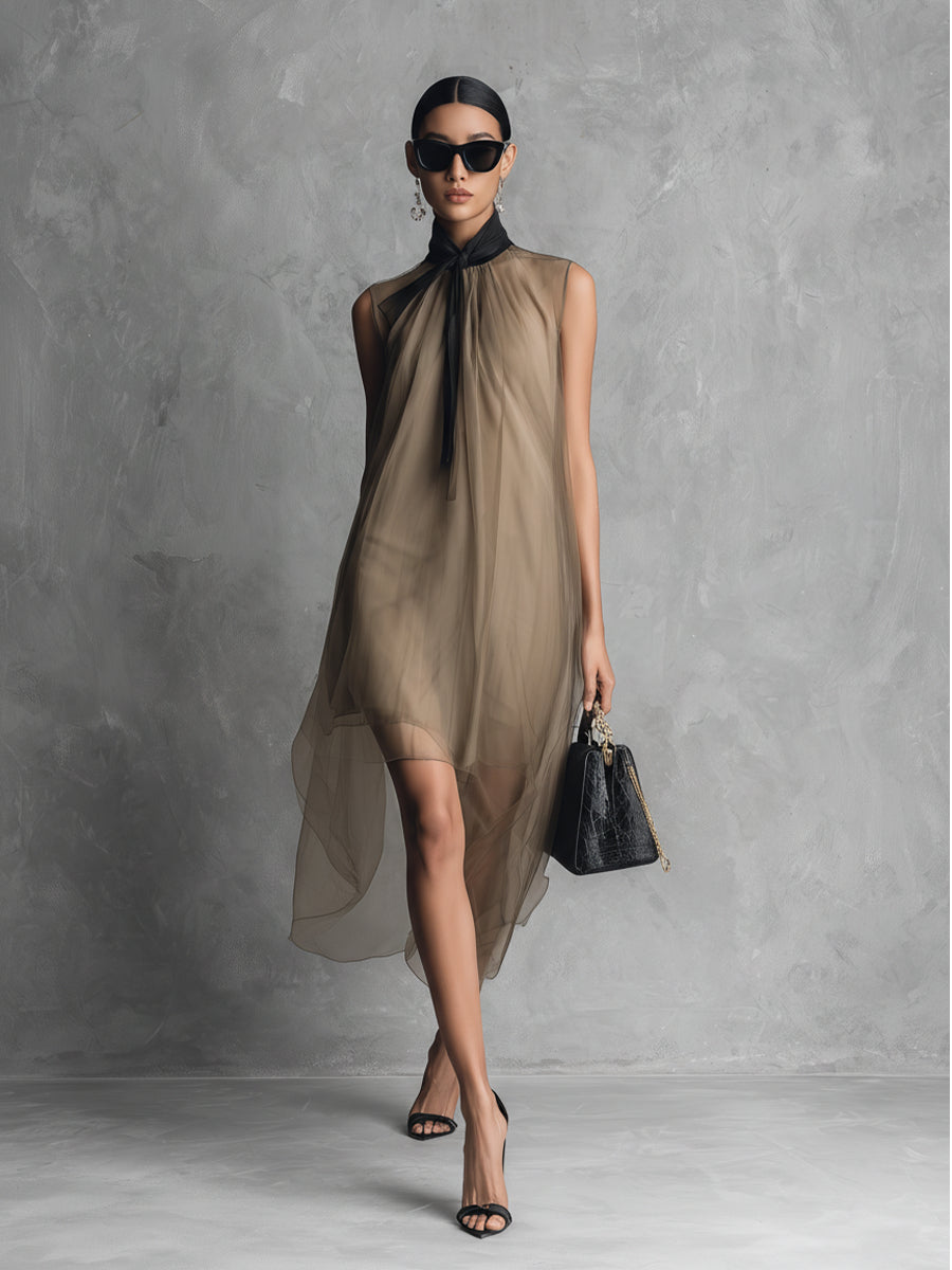Yupha - Vestido MIDI Asimétrico De Cuello Alto Y Tejido Transparente