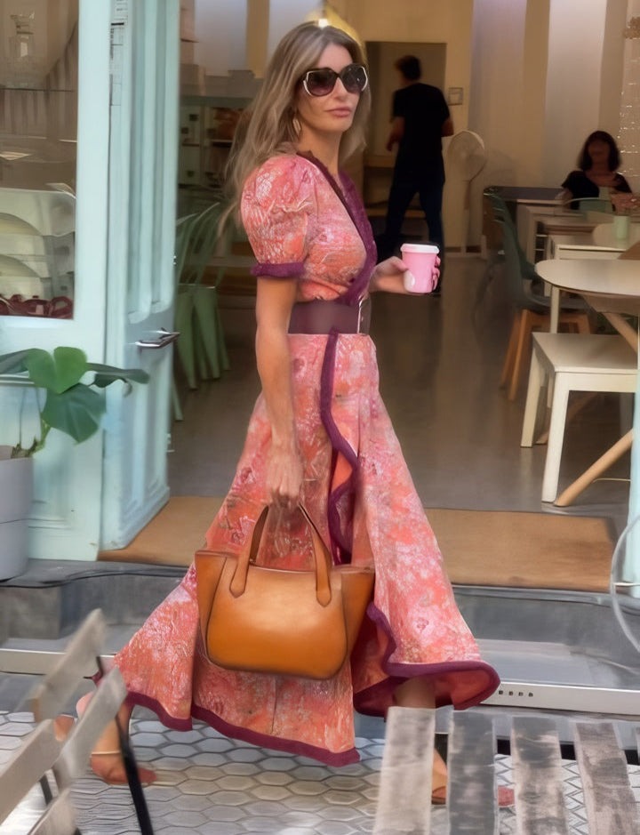 Eliett - Vestido Largo con Mangas Cortas Abullonadas y Falda Asimétrica