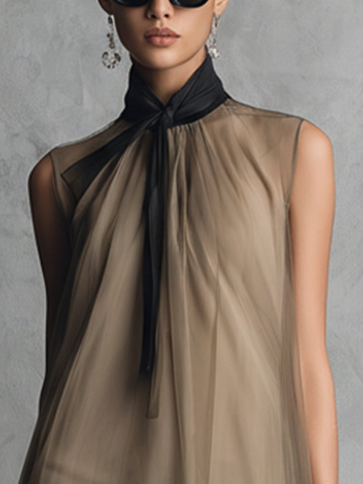 Yupha - Vestido MIDI Asimétrico De Cuello Alto Y Tejido Transparente