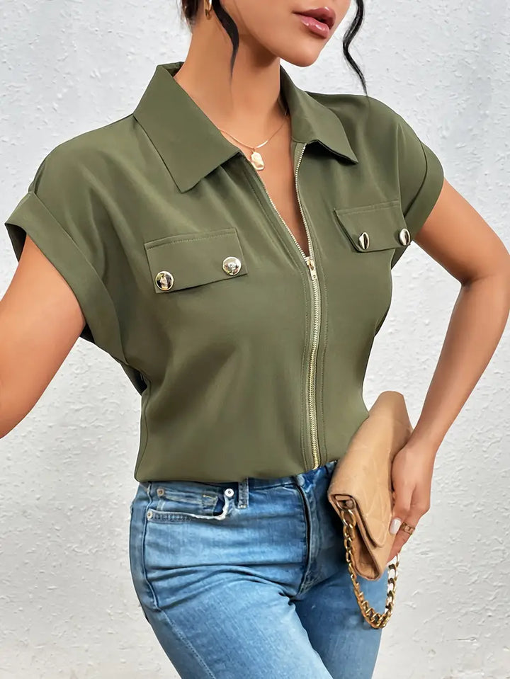 Alfano - Elegante Manga Corta Blusa Con Cremallera