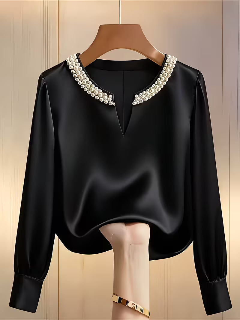 Avinaya - Elegante Camisa de Manga Larga Con Cuello Redondo y Perlas