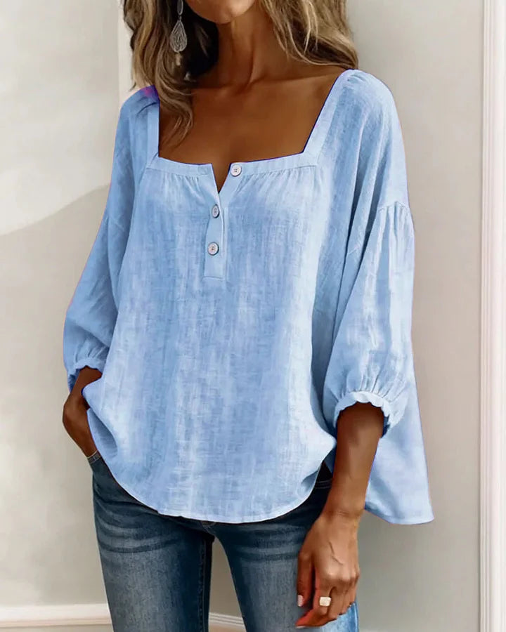 Leontien - Blusa De Algodón De Manga Larga Con Cuello Cuadrado