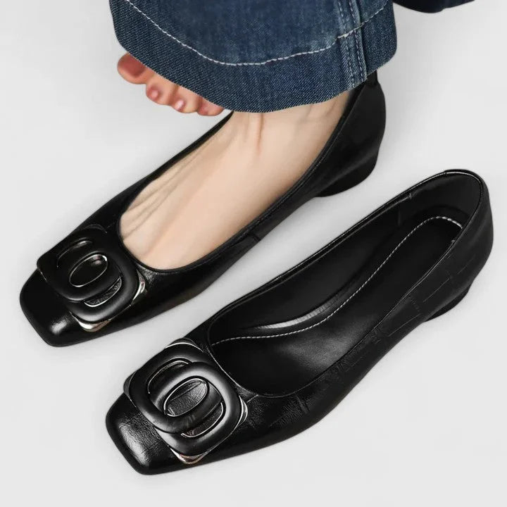 Antia - Elegantes Zapatos Planos Con Puntera Cuadrada Hebilla y Tacón Bajo