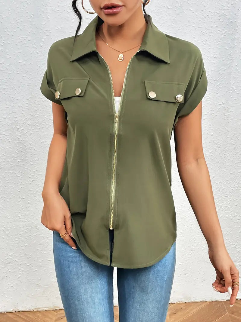 Alfano - Elegante Manga Corta Blusa Con Cremallera