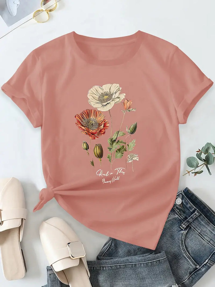 Aimilia - Elegante Camiseta De Manga Corta Con Estampado Floral