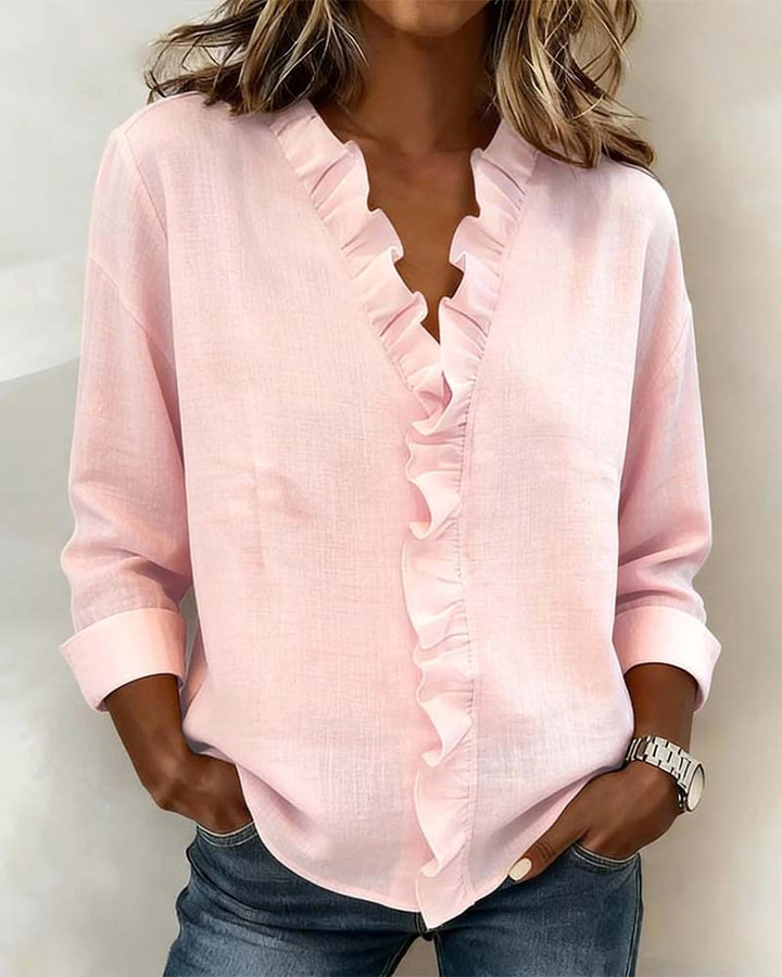 Birute - Elegante Blusa De Manga Larga Con Cuello en V