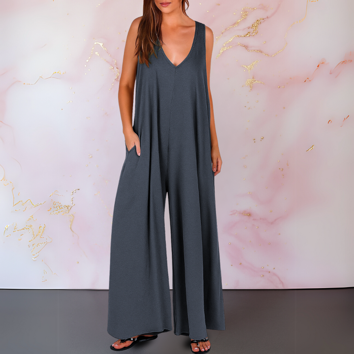 Natasa - Cómodo Mono Con Cuello En V Y Perneras Anchas