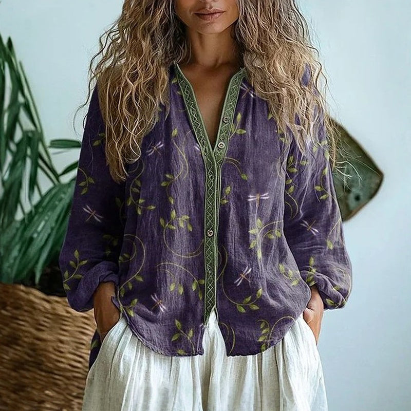 Ereinaa - Camisa Elegante Con Estampado Vintage De Hojas