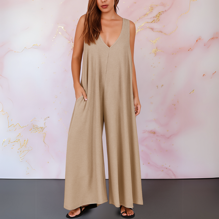 Natasa - Cómodo Mono Con Cuello En V Y Perneras Anchas