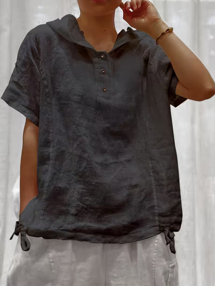 Bouchra - Camisa Holgada De Manga Corta De Color Liso Con Capucha Y Botones en La Parte Delantera