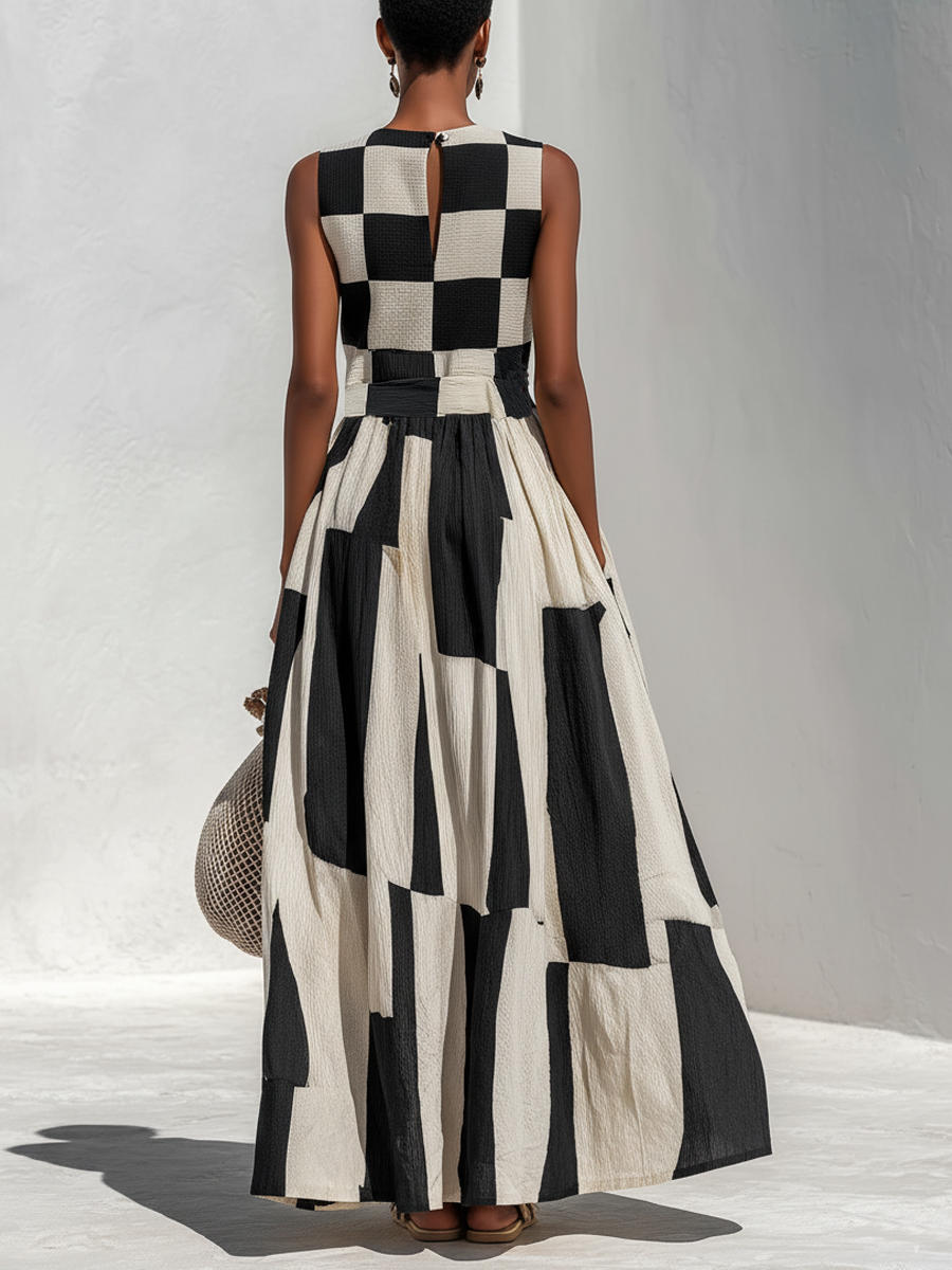 Ashlyn - Vestido Sin Mangas Con Paneles a Cuadros Y Rayas