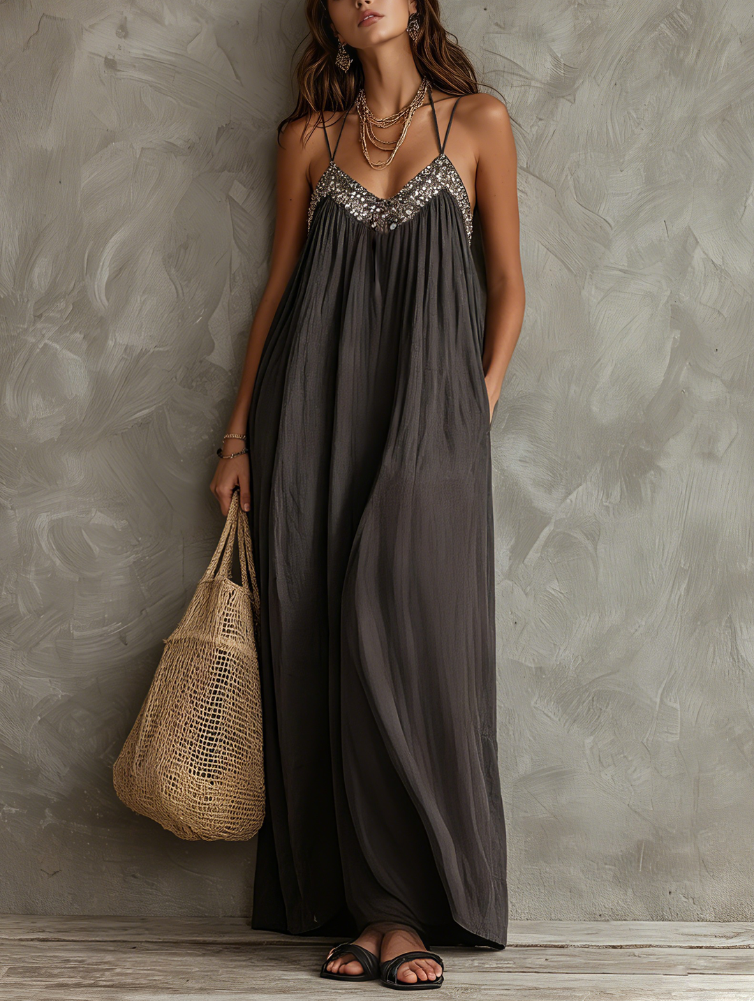Noreene - Vestido Largo Informal De Tejido Trenzado Con Cuello En V