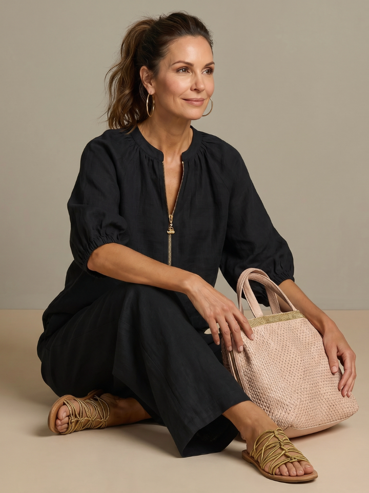 Sharina - Conjunto De Blusa Con Cremallera Y Pantalones De Pierna Ancha