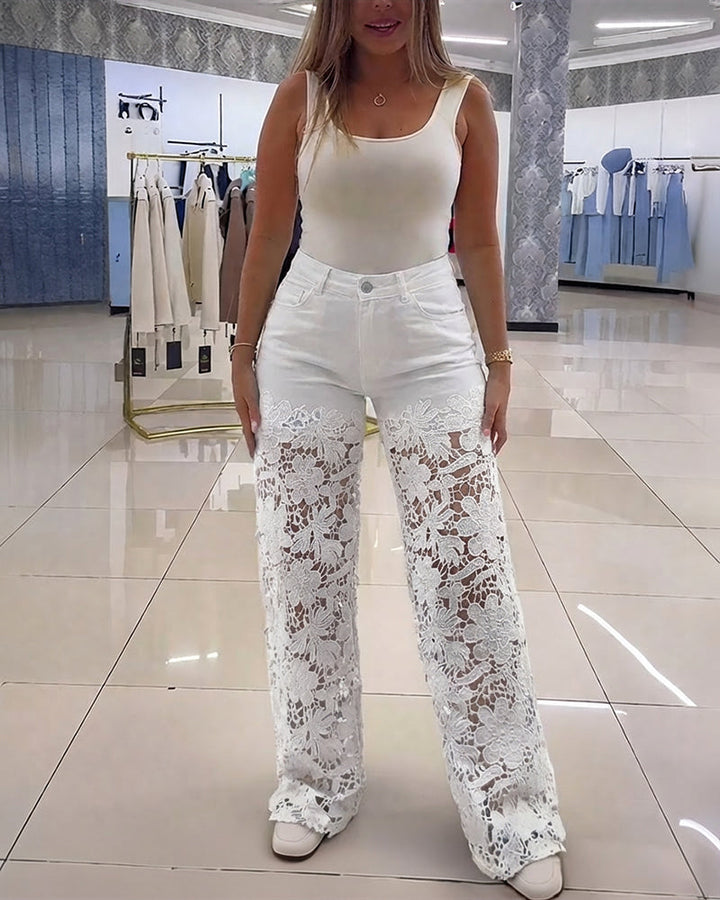 Erija - Vaqueros De Cintura Alta Con Paneles De Encaje Floral