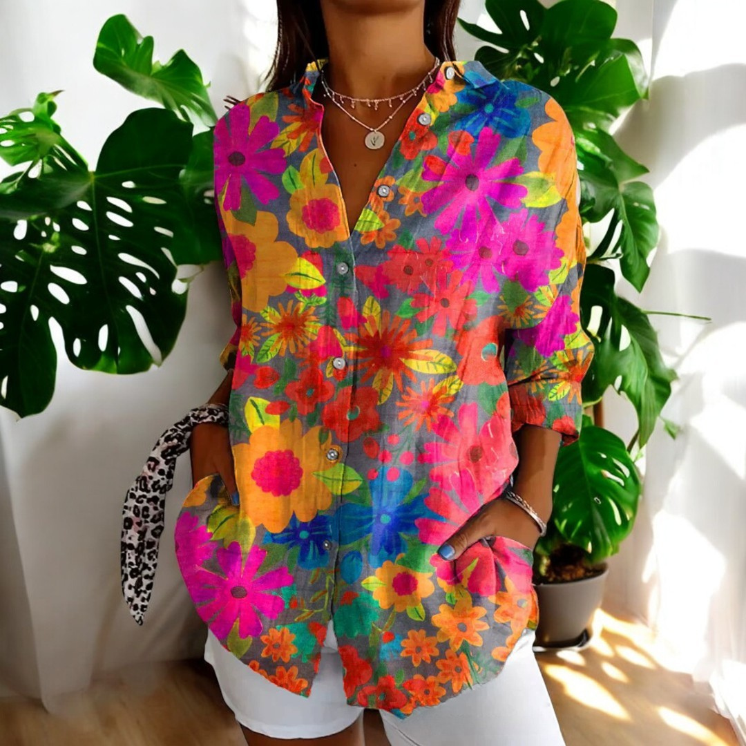 Elira - Camisa vintage de Manga Larga con Botones y Estampado Floral