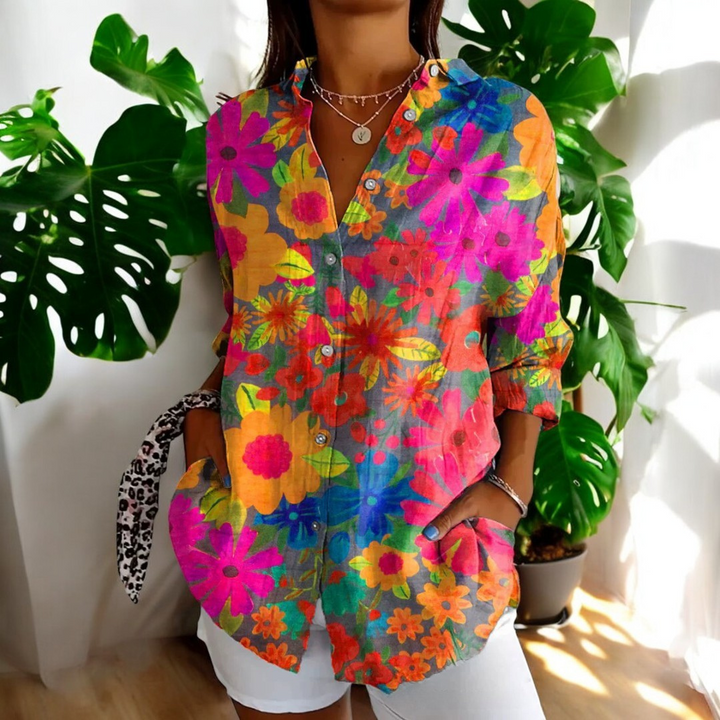 Elira - Camisa vintage de Manga Larga con Botones y Estampado Floral