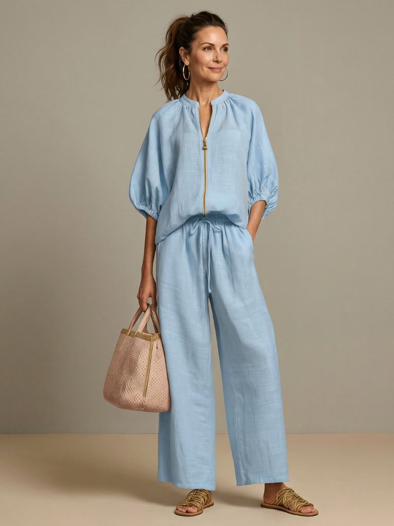 Sharina - Conjunto De Blusa Con Cremallera Y Pantalones De Pierna Ancha