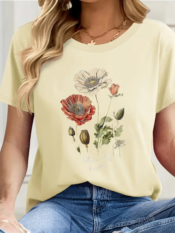 Aimilia - Elegante Camiseta De Manga Corta Con Estampado Floral