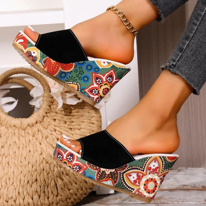 Laerke - Sandalias Con Cuña y Estampado Floral