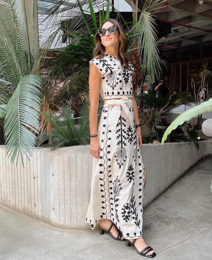 Charitini - Elegante Conjunto De Top Sin Mangas Y Falda Fluida