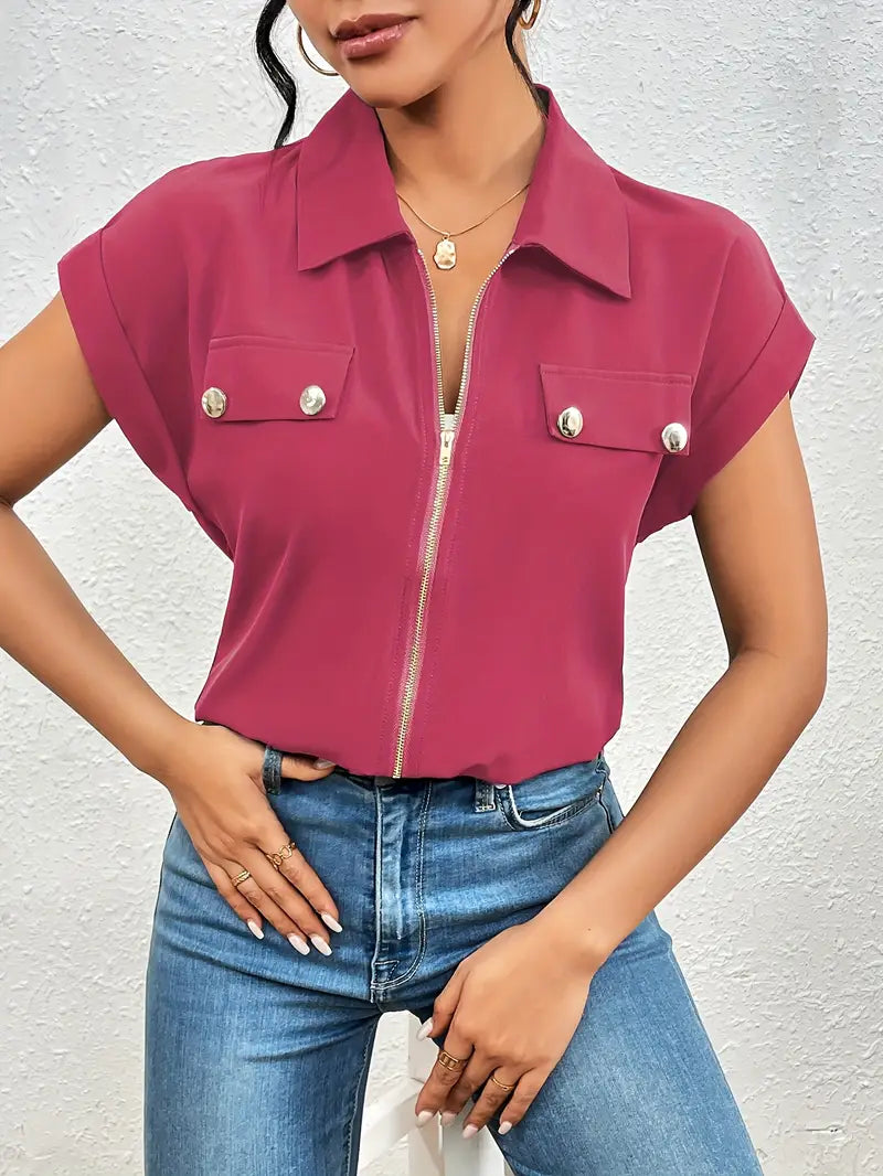 Alfano - Elegante Manga Corta Blusa Con Cremallera