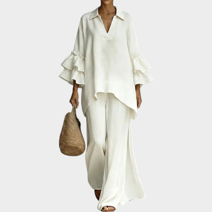 Fien - Elegante Top De Lino Y Pantalón Holgado De Pierna Ancha