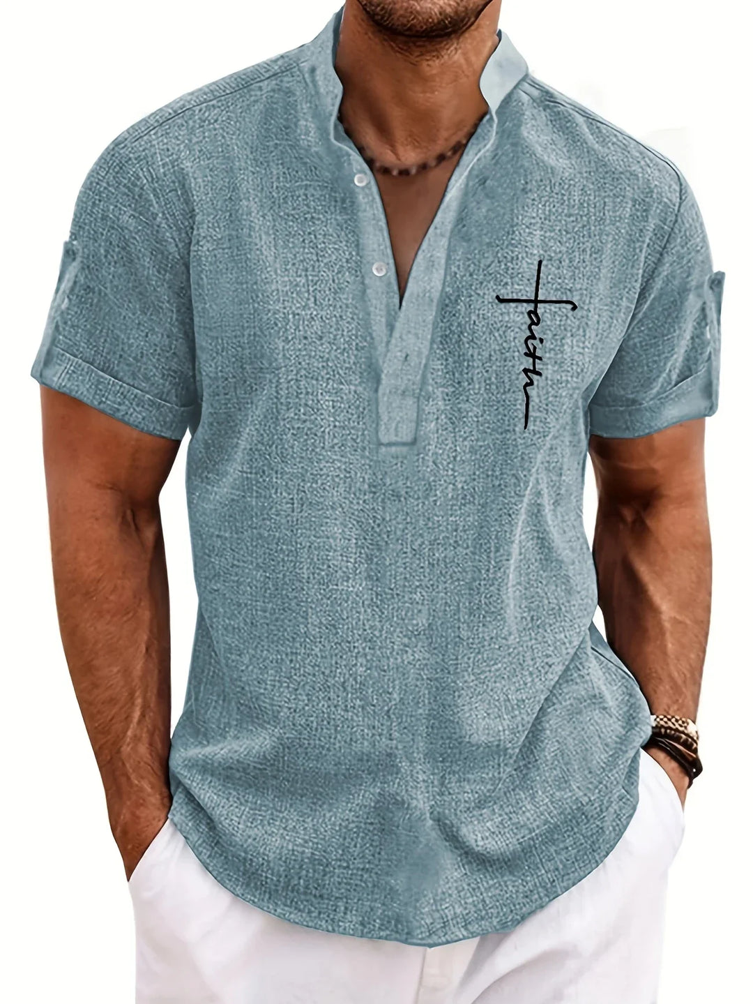 Elliott - Elegante Manga Corta Camisa Con Cuello Alto