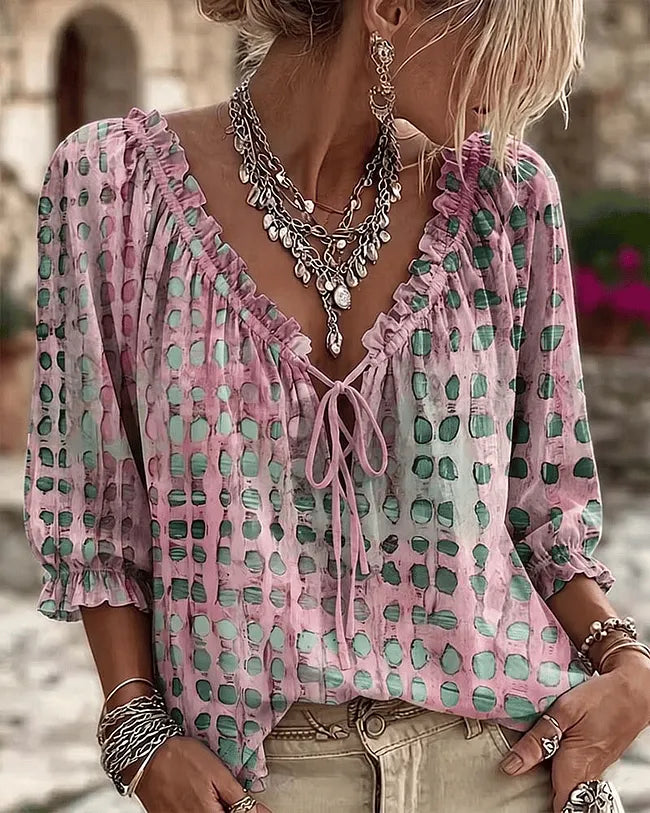Orlyna - Blusa De Lunares Con Cordones Y Cuello en V