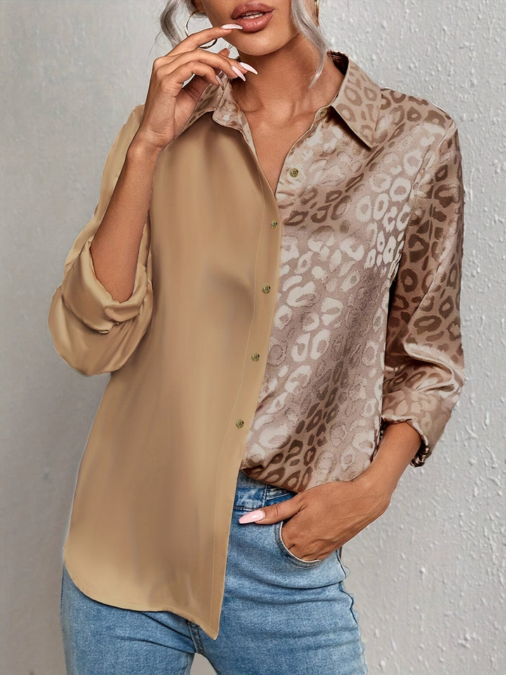Gwendolyn - Camisa Abotonada De Satén Bicolor Con Estampado De Leopardo En Jacquard
