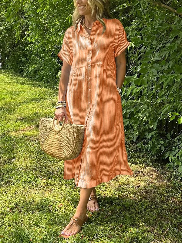 Alory - Cómodo Vestido Midi a Rayas Con Botones