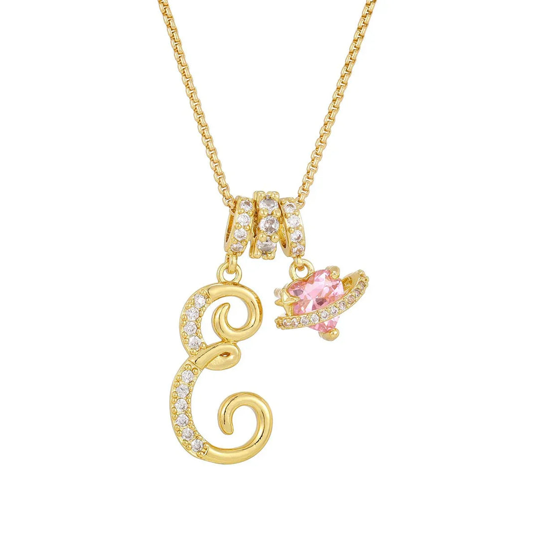 Nerute - Collar Con Inicial y Colgante de Corazón Rosa