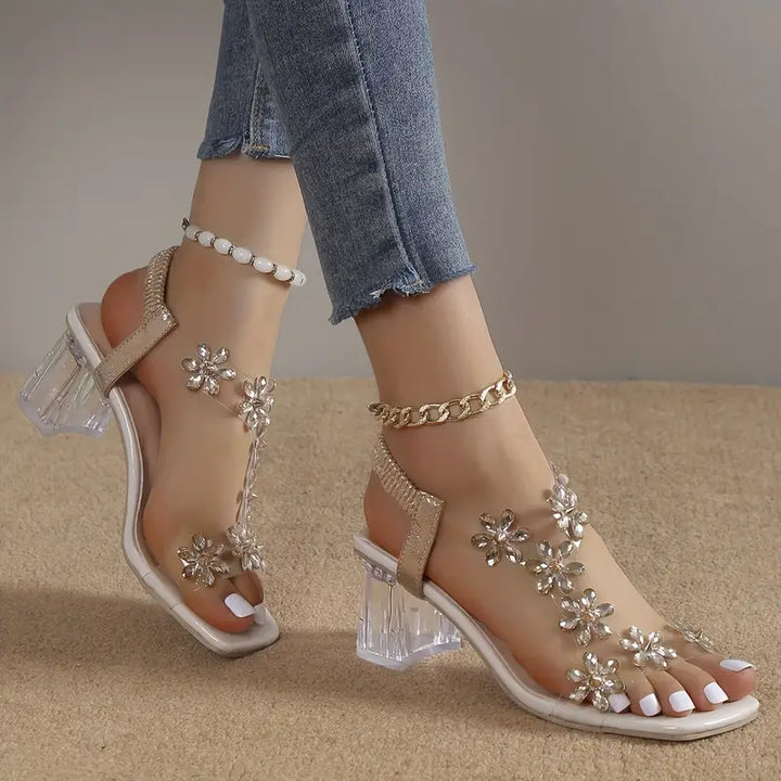 Graciela - Sandalias De Tacón Alto Con Cristales Florales