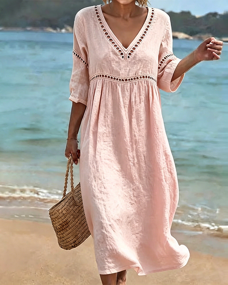 Mikela - Vestido Midi Con Cuello en V Y Adornos Calados