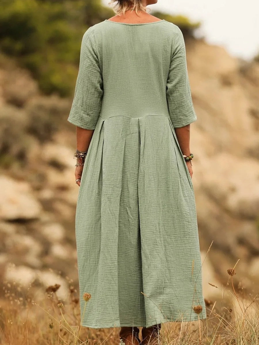Noellaa - Cómodo Vestido Plisado De Algodón y Lino