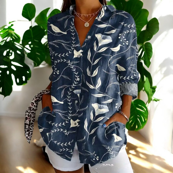 Elira - Camisa vintage de Manga Larga con Botones y Estampado Floral