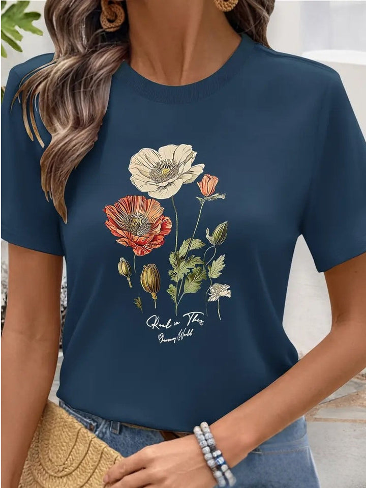 Aimilia - Elegante Camiseta De Manga Corta Con Estampado Floral