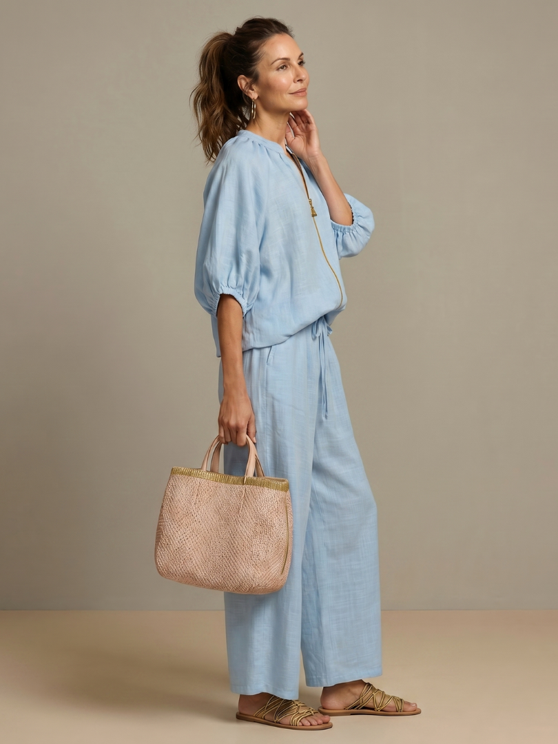Sharina - Conjunto De Blusa Con Cremallera Y Pantalones De Pierna Ancha