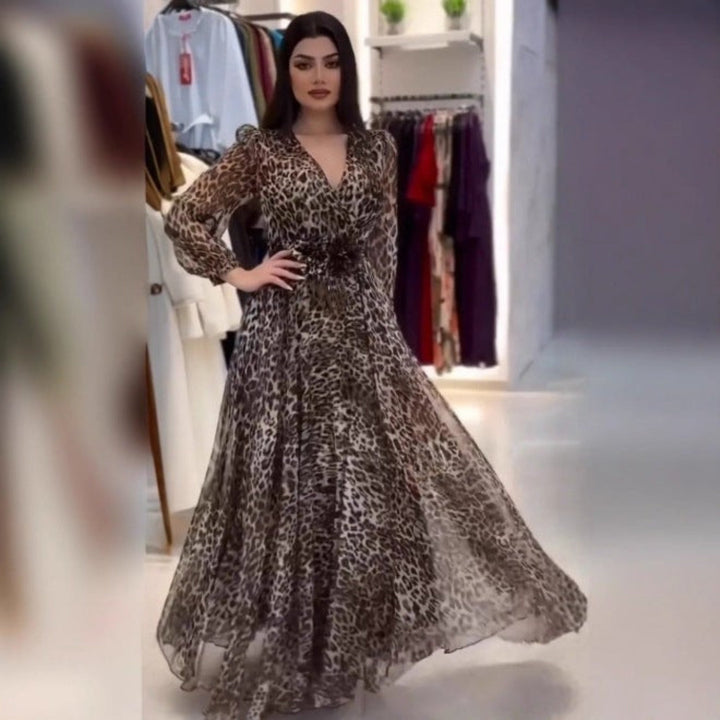 Nalera - Elegante Vestido Largo Con Estampado De Leopardo