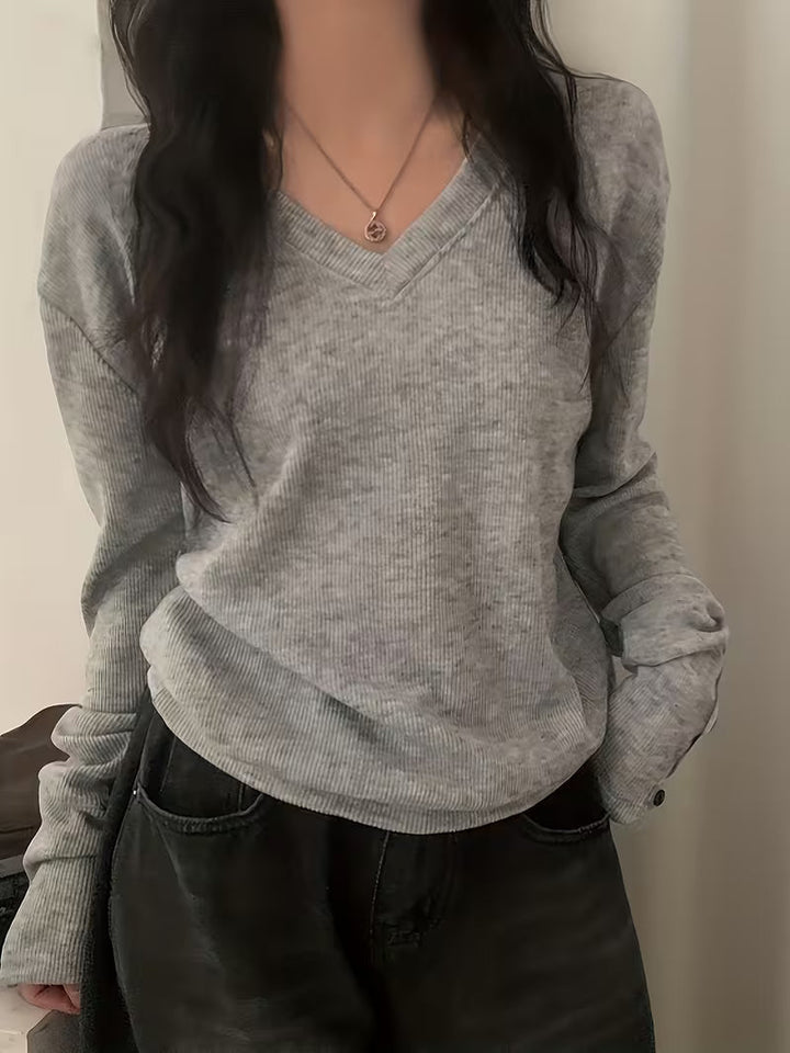 Kebina - Jersey De Cuello en V Con Puños Acanalados Y Botones