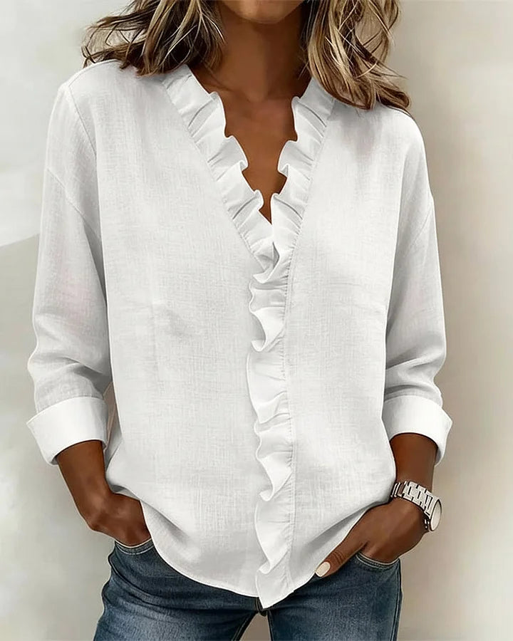 Aletta - Blusa Con Cuello En V Con Volantes y Manga Larga