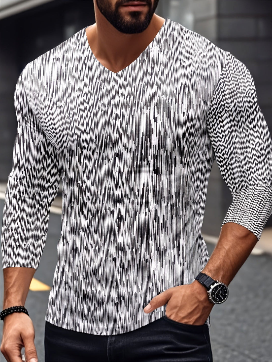 Usher - Camiseta Ajustada De Manga Larga Y Cuello En V