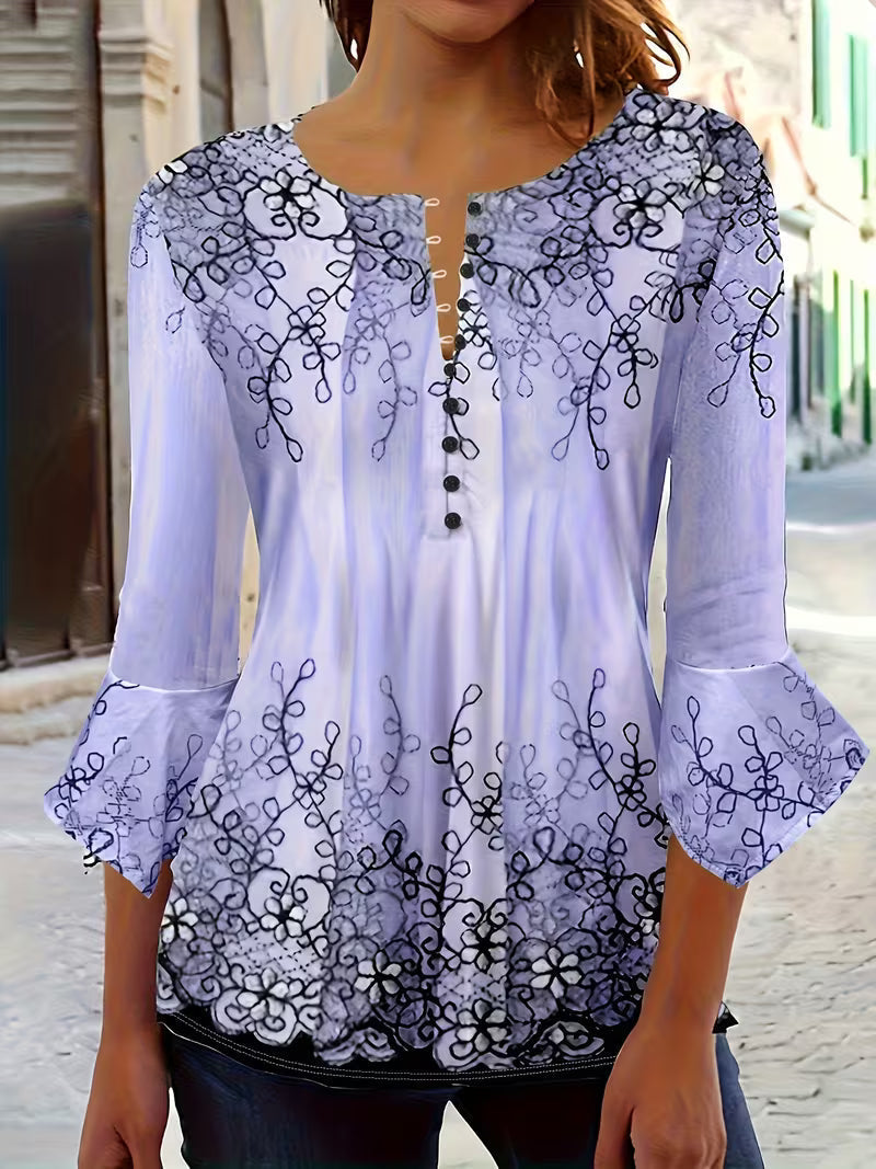 Mesley - Blusa De Manga Media Con Estampado Floral Y Ribete De Volantes
