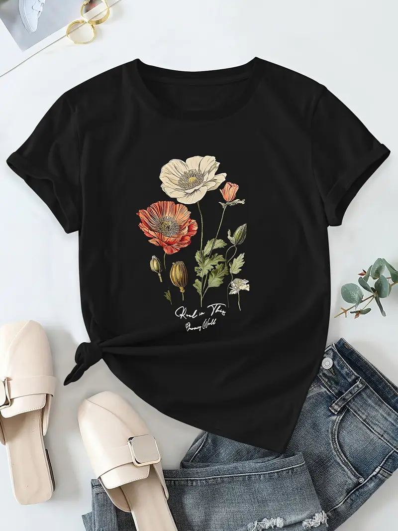 Aimilia - Elegante Camiseta De Manga Corta Con Estampado Floral