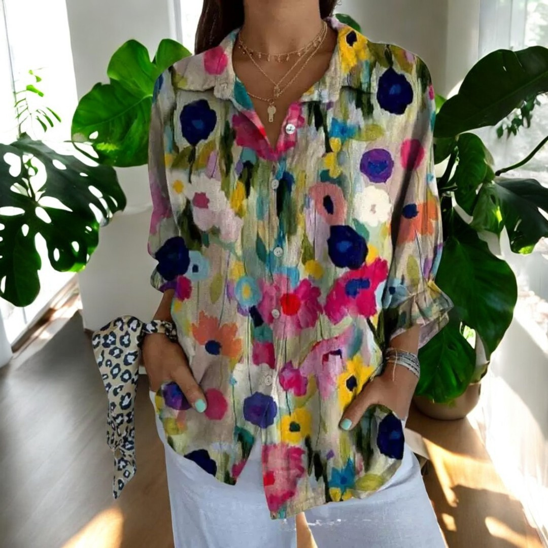 Elira - Camisa vintage de Manga Larga con Botones y Estampado Floral
