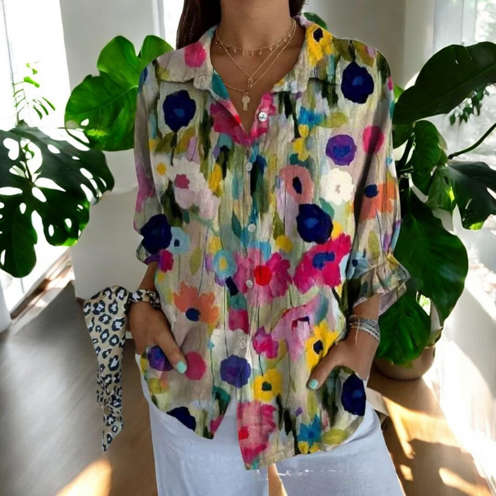 Elira - Camisa vintage de Manga Larga con Botones y Estampado Floral