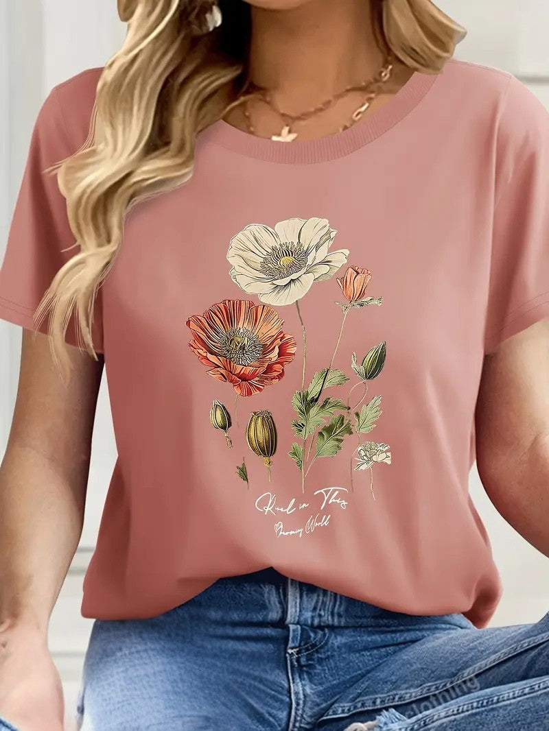 Aimilia - Elegante Camiseta De Manga Corta Con Estampado Floral