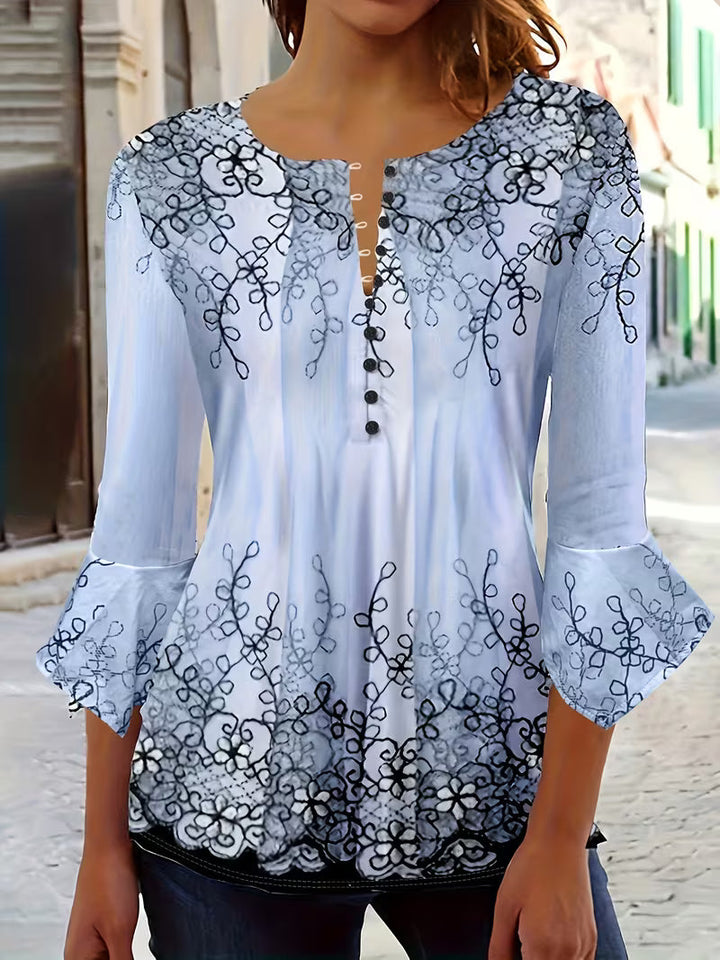 Mesley - Blusa De Manga Media Con Estampado Floral Y Ribete De Volantes