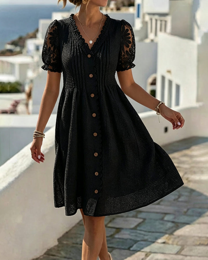 Deneke - Vestido de Patchwork Con Encaje de Girasoles y Mangas Abullonadas