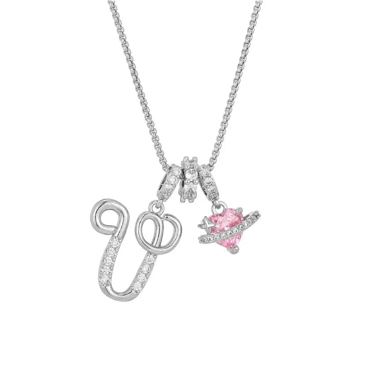 Nerute - Collar Con Inicial y Colgante de Corazón Rosa